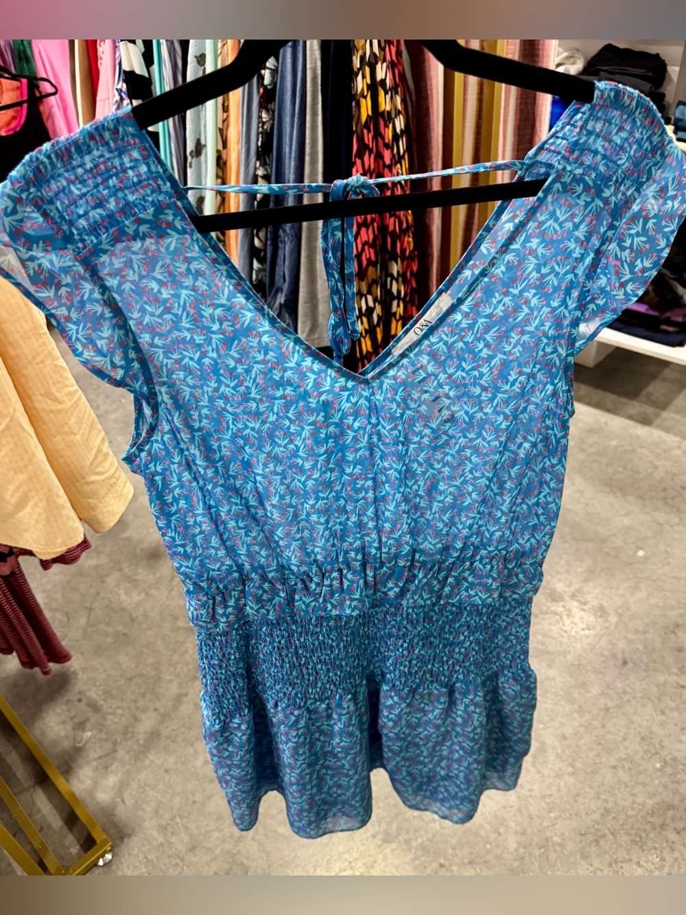 Blue Floral Smocked Waist V‑Neck Tunic Dress